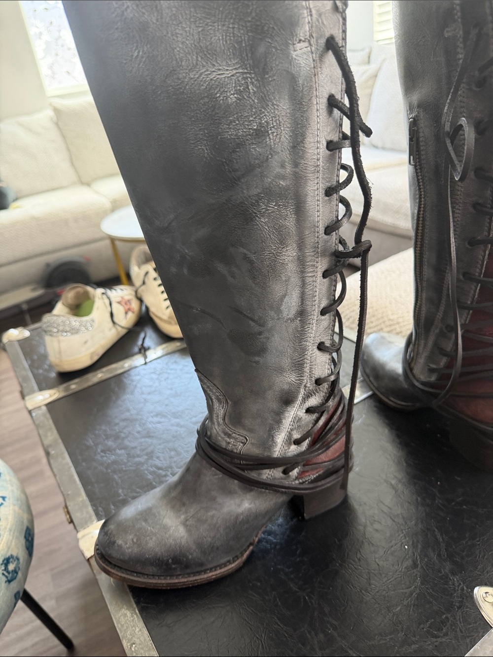 Freebird by Steven Tall Lace-Up Boots in Gray with Burgundy Interior - Picture 5 of 8
